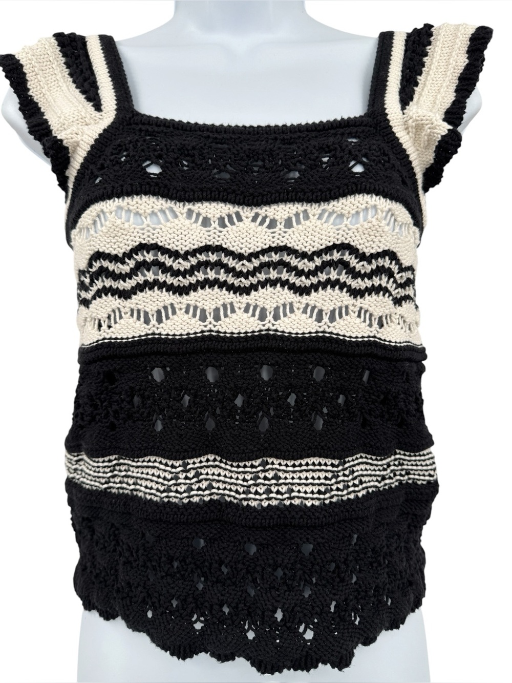 Loft Striped Crochet Ruffle Sleeves Square Neckline Sweater Tank Top Size S